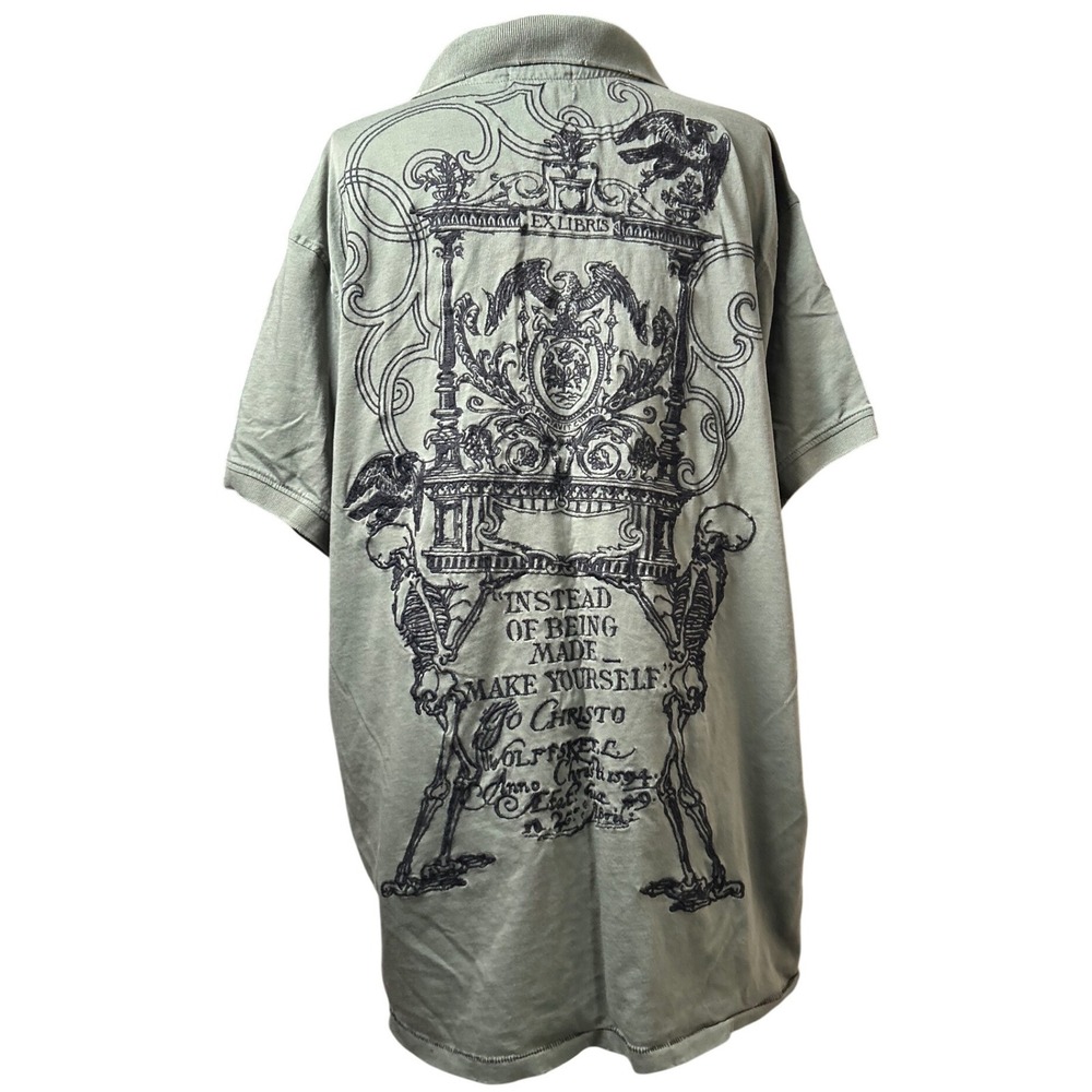 Y2K Mens XXL Green Gothic‎ Skeleton Graphic Polo Shirt Distressed Grunge Punk